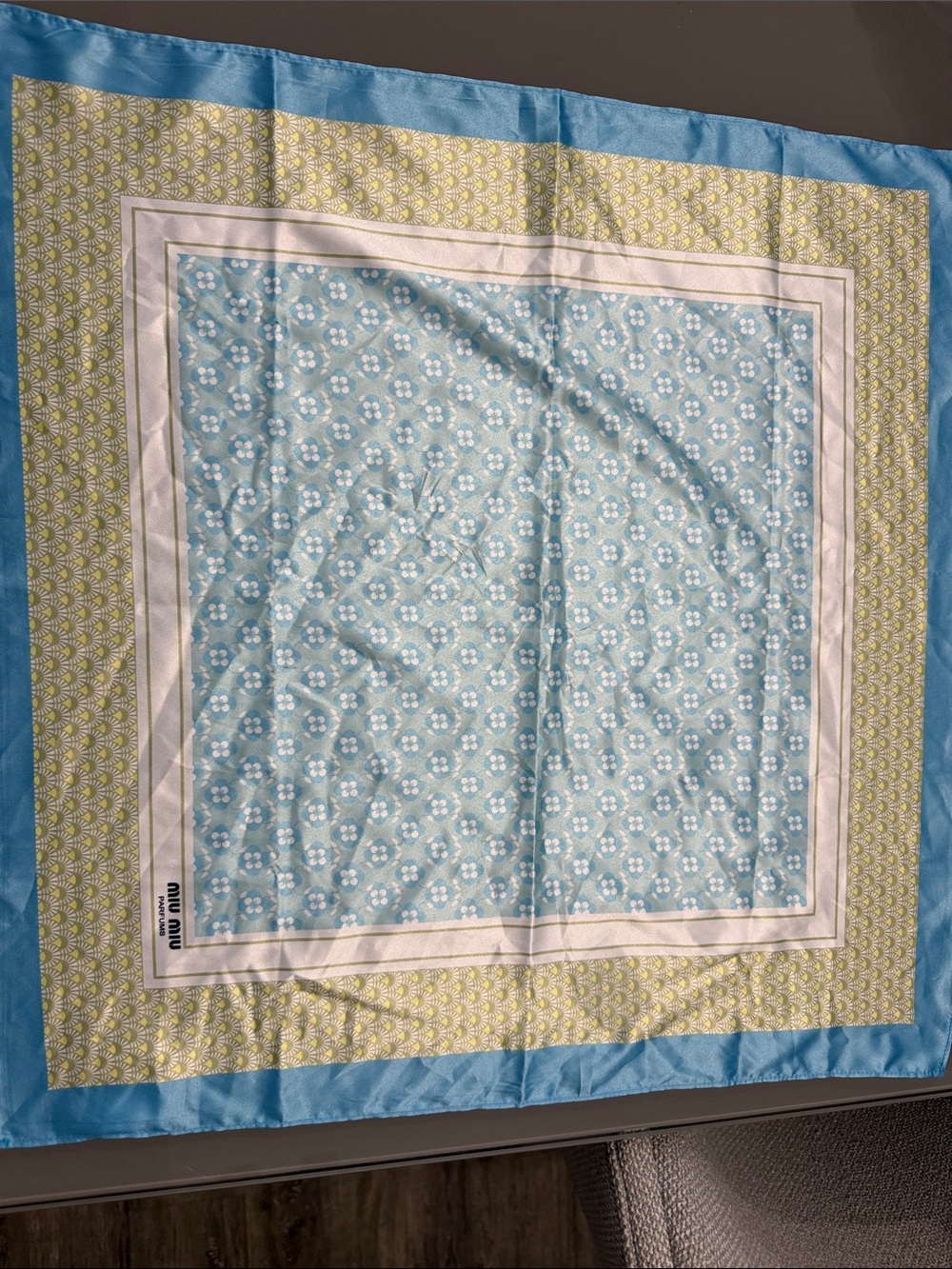 Miu Miu Pale Blue and Lime Green Floral Silk Scarf